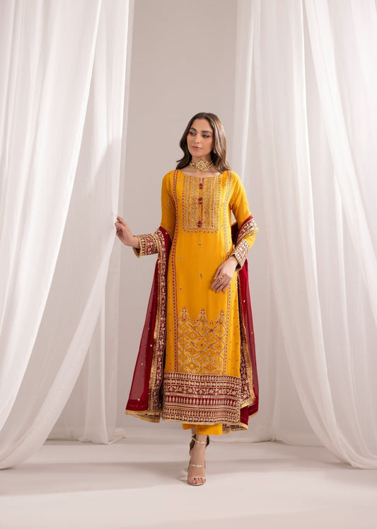 Pakistani Designer Mustard Maroon Chiffon Festive Suit Online in KSA Riyadh Saudi Arabia Oman Bahrain Qatar