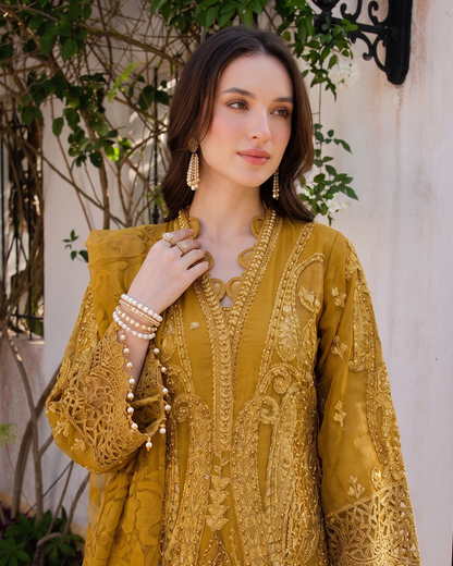 Pakistani Designer Mustard Organza 3PC Suit Online in KSA Riyadh Saudi Arabia Oman Bahrain Qatar