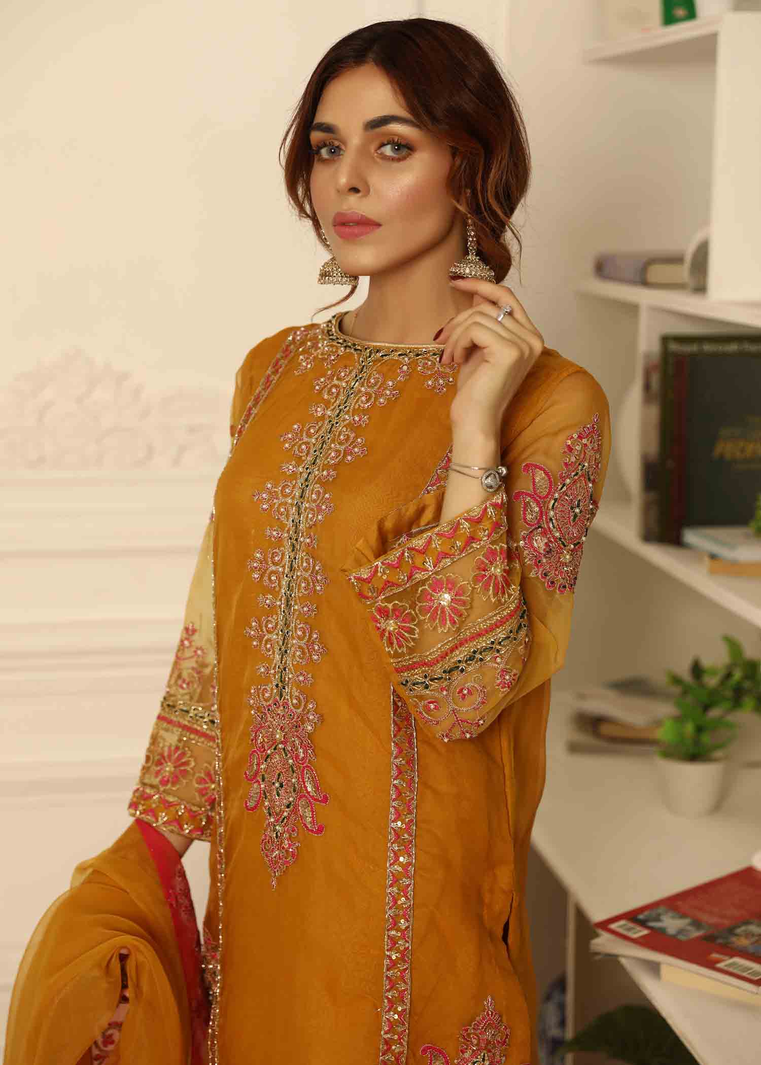 Pakistani Designer Mustard Organza Salwar Kameez Online in KSA Riyadh Saudi Arabia Oman Bahrain Qatar