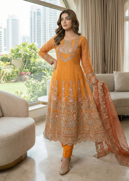 Pakistani Designer Mustard Organza Salwar Kameez Online in KSA Riyadh Saudi Arabia Oman Bahrain Qatar