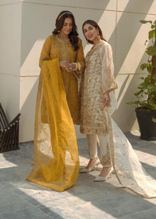Pakistani Designer Mustard Organza Salwar Kameez Online in KSA Riyadh Saudi Arabia Oman Bahrain Qatar