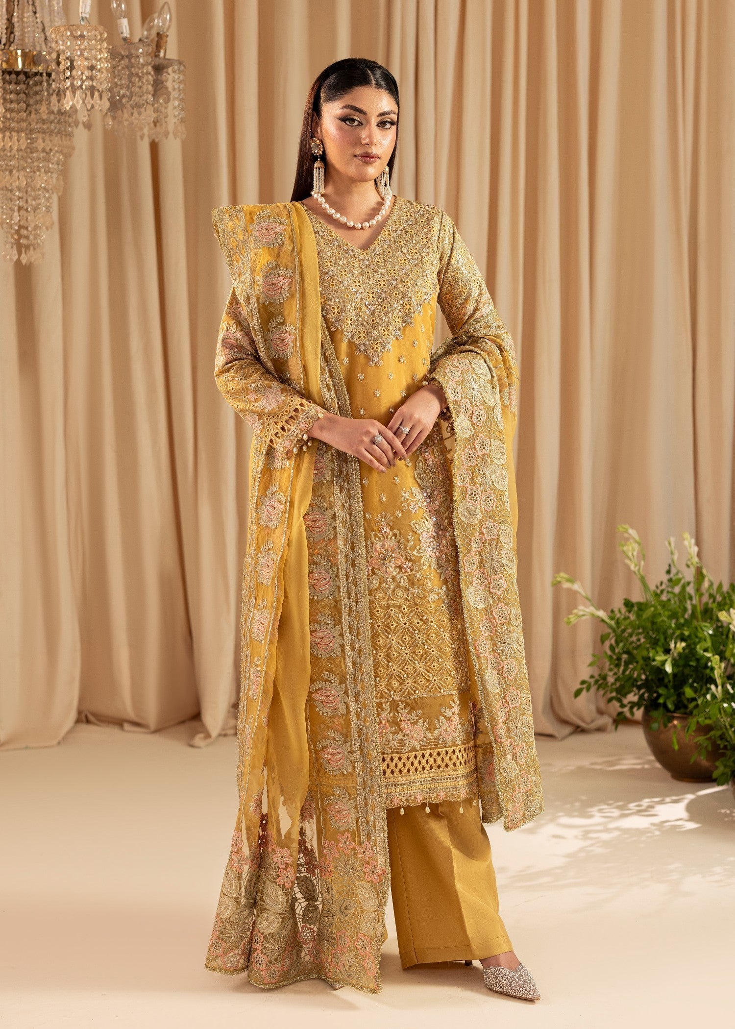 Pakistani Designer Mustard Organza Salwar Kameez Online in KSA Riyadh Saudi Arabia Oman Bahrain Qatar