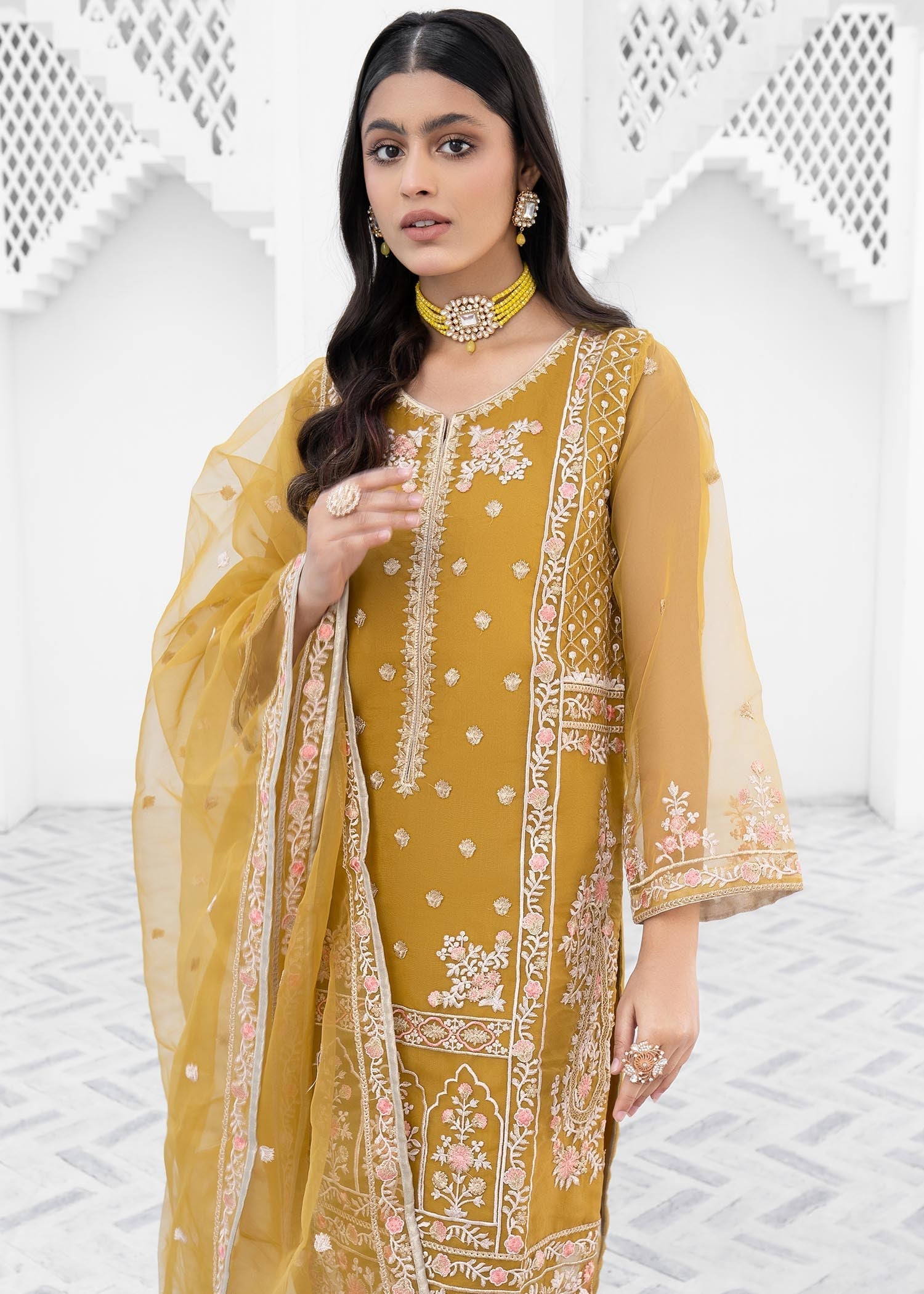 Pakistani Designer Mustard Organza Salwar Kameez Online in KSA Riyadh Saudi Arabia Oman Bahrain Qatar