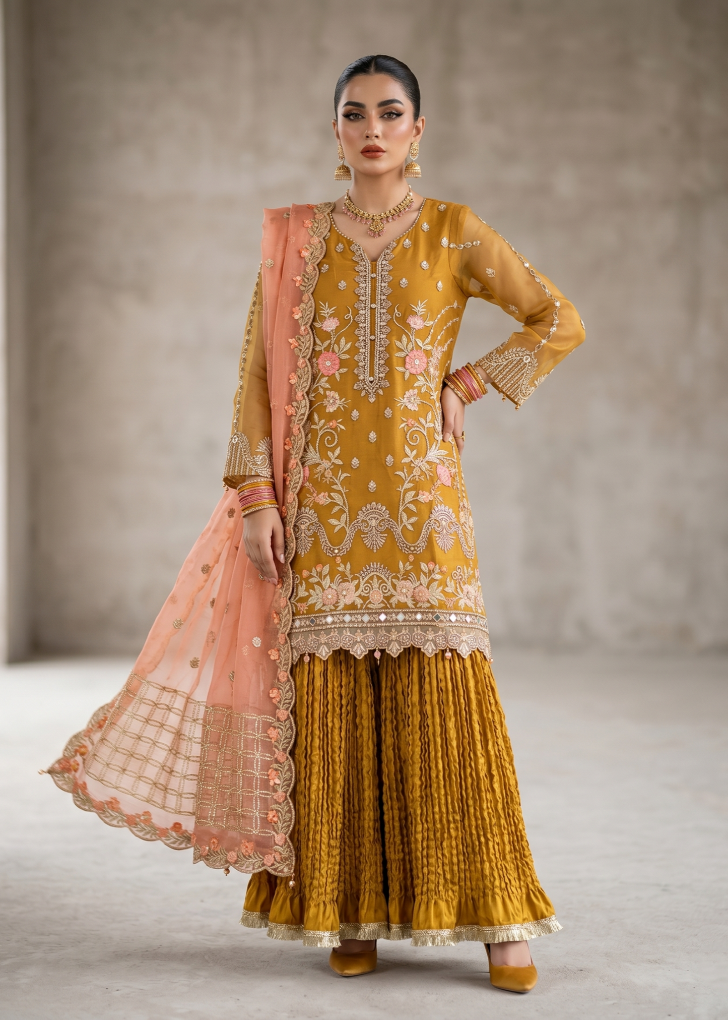 Pakistani Designer Mustard Organza Sharara Gharara Online in KSA Riyadh Saudi Arabia Oman Bahrain Qatar