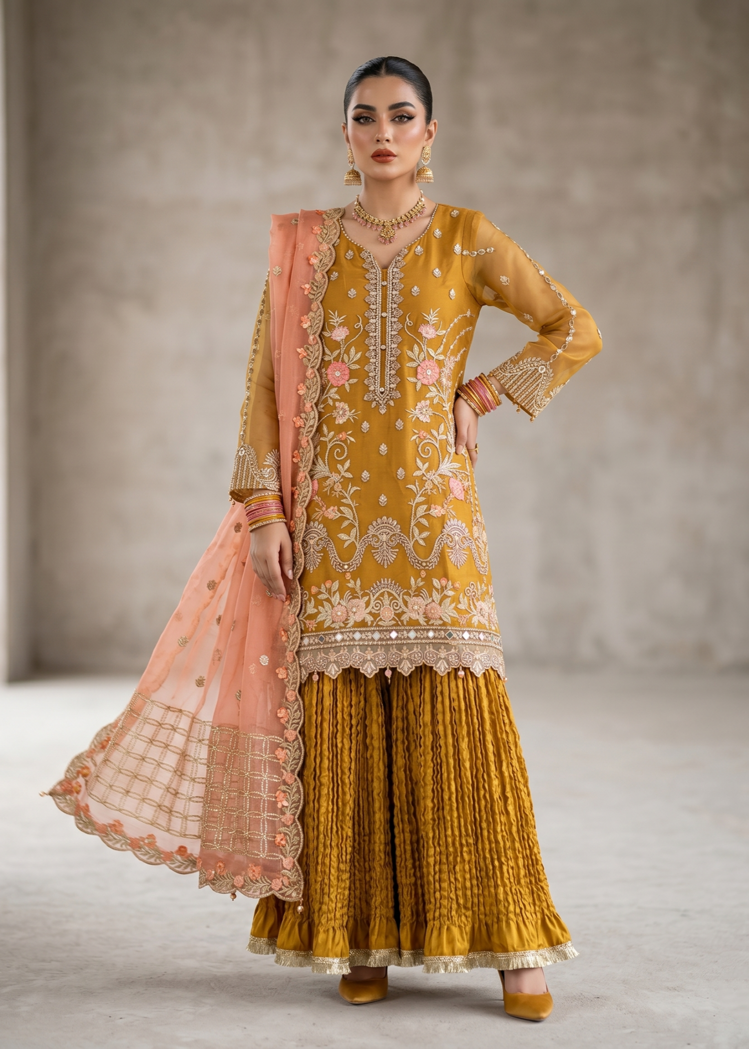 Pakistani Designer Mustard Organza Sharara Gharara Online in KSA Riyadh Saudi Arabia Oman Bahrain Qatar