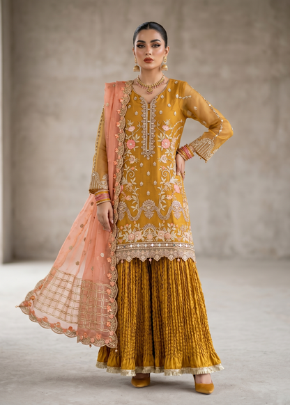 Pakistani Designer Mustard Organza Sharara Gharara Online in KSA Riyadh Saudi Arabia Oman Bahrain Qatar