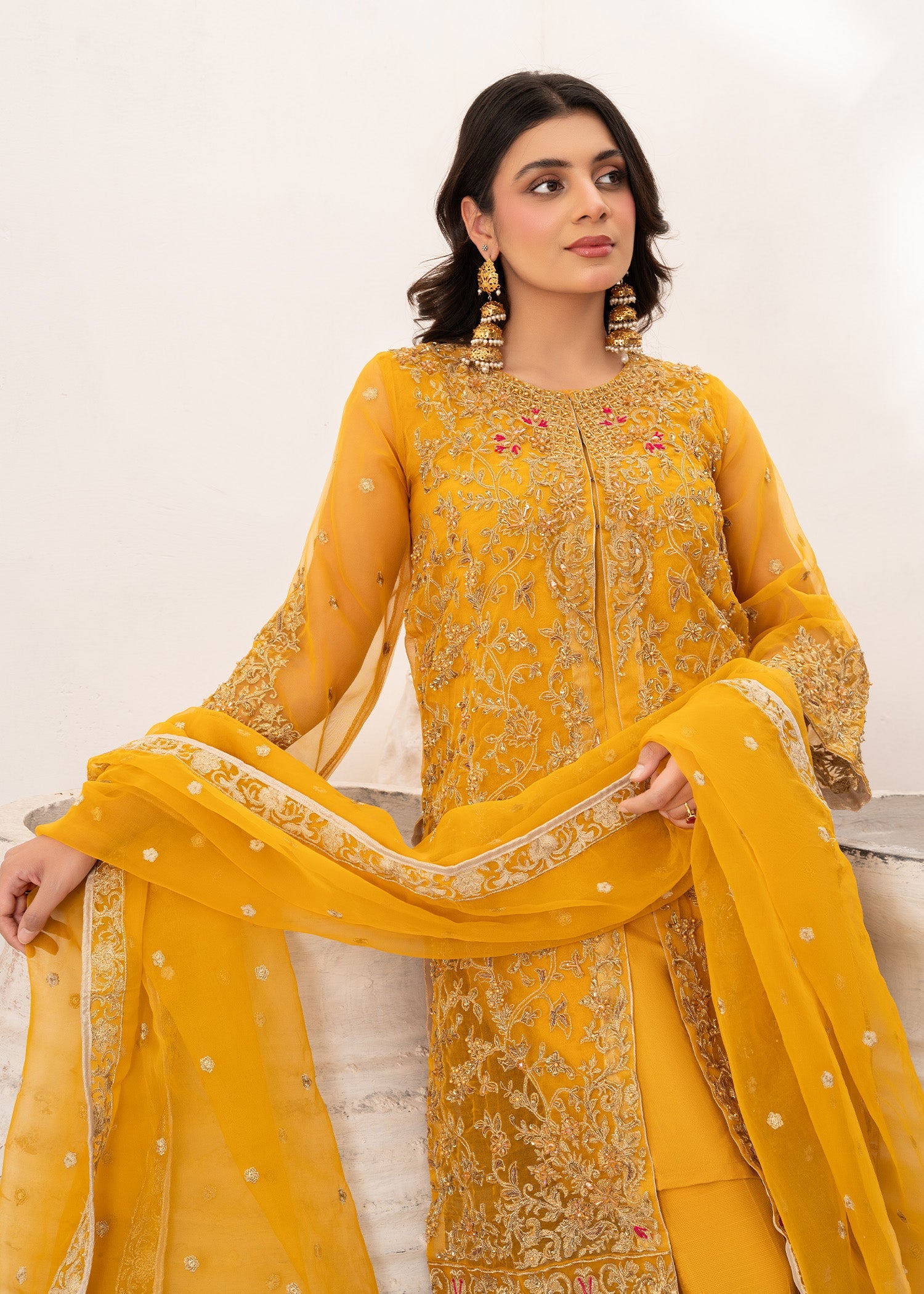 Pakistani Designer Mustard Organza Wedding Outfit Online in KSA Riyadh Saudi Arabia Oman Bahrain Qatar