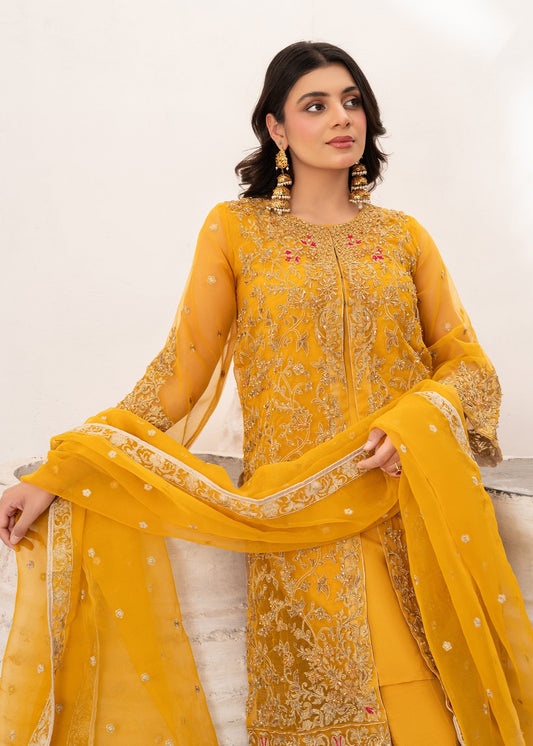 Pakistani Designer Mustard Organza Wedding Outfit Online in KSA Riyadh Saudi Arabia Oman Bahrain Qatar