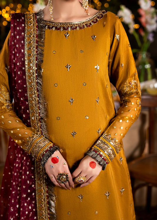 Pakistani Designer Mustard Raw Silk Sharara Gharara Online in KSA Riyadh Saudi Arabia Oman Bahrain Qatar