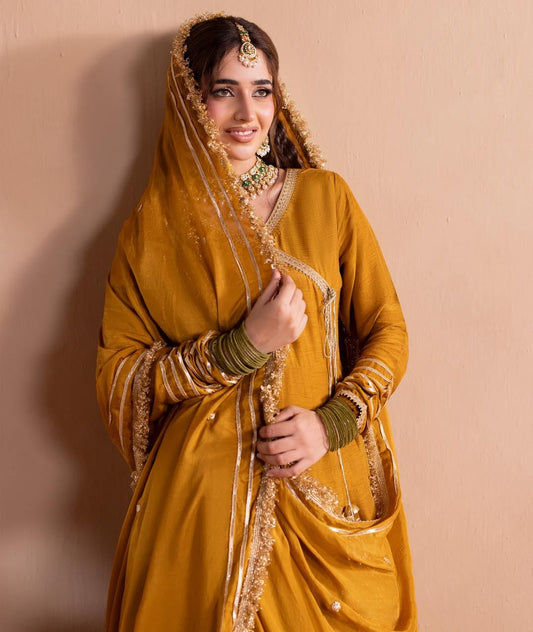 Pakistani Designer Mustard Silk Festive Maxi Online in KSA Riyadh Saudi Arabia Oman Bahrain Qatar