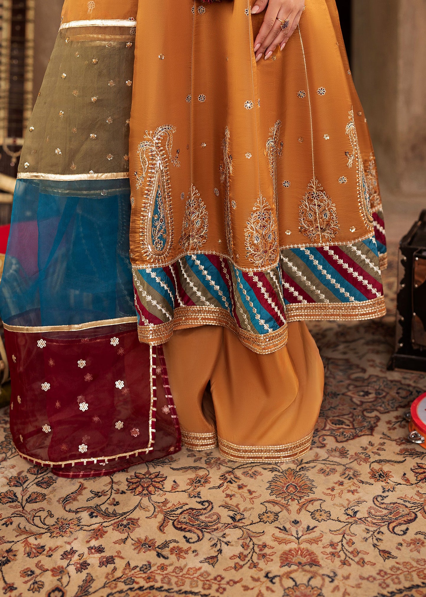 Pakistani Designer Mustard Silk Pishwas Suit Online in KSA Riyadh Saudi Arabia Oman Bahrain Qatar