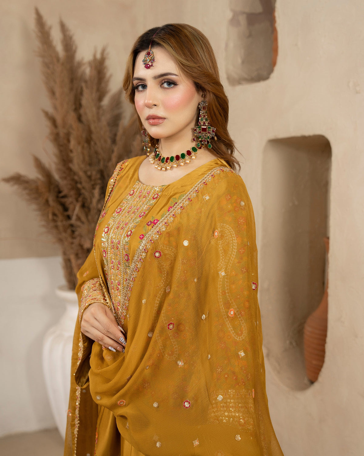 Pakistani Designer Mustard Silk Salwar Kameez Online in KSA Riyadh Saudi Arabia Oman Bahrain Qatar