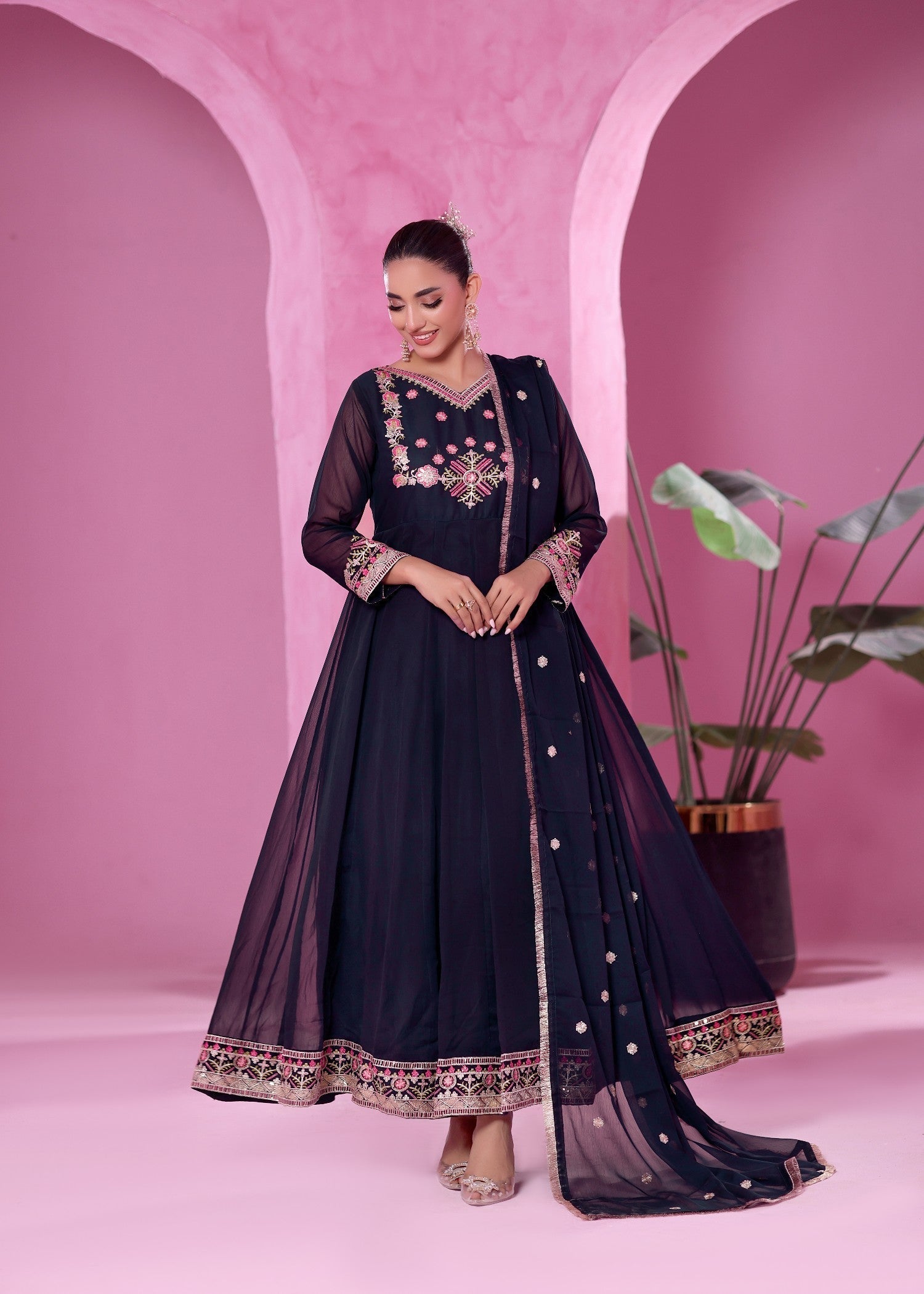 Pakistani Designer Navy Blue Chiffon Embellished Suit Online in KSA Riyadh Saudi Arabia Oman Bahrain Qatar