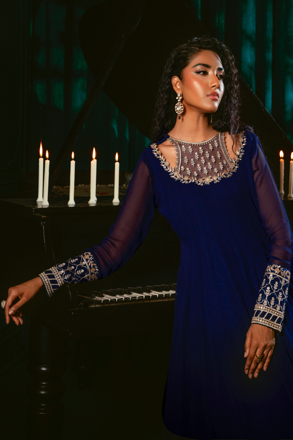 Pakistani Designer Navy Blue Chiffon Embroidered Salwar Kameez Online in KSA Riyadh Saudi Arabia Oman Bahrain Qatar