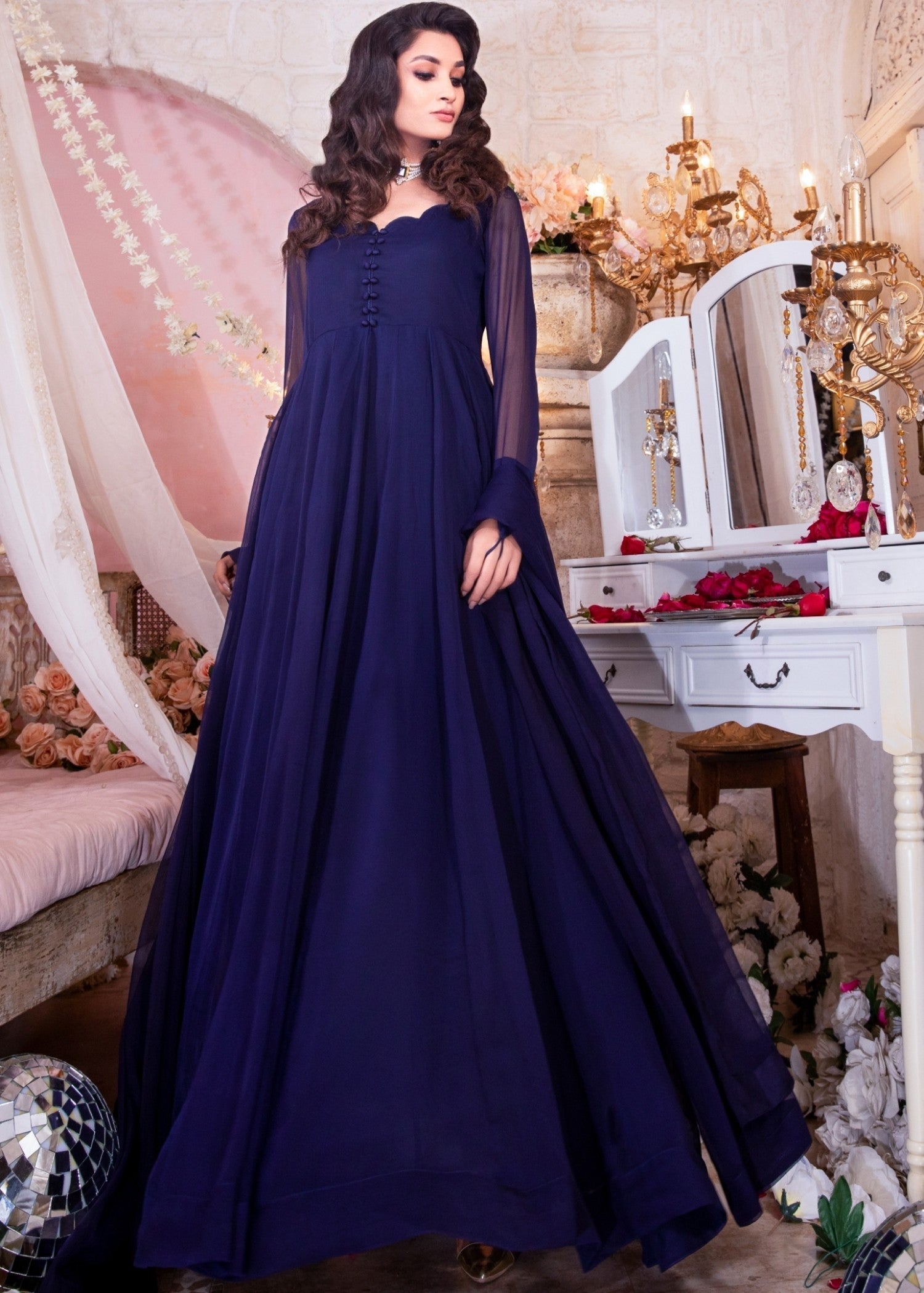 Pakistani Designer Navy Blue Chiffon Gharara Suit Online in KSA Riyadh Saudi Arabia Oman Bahrain Qatar