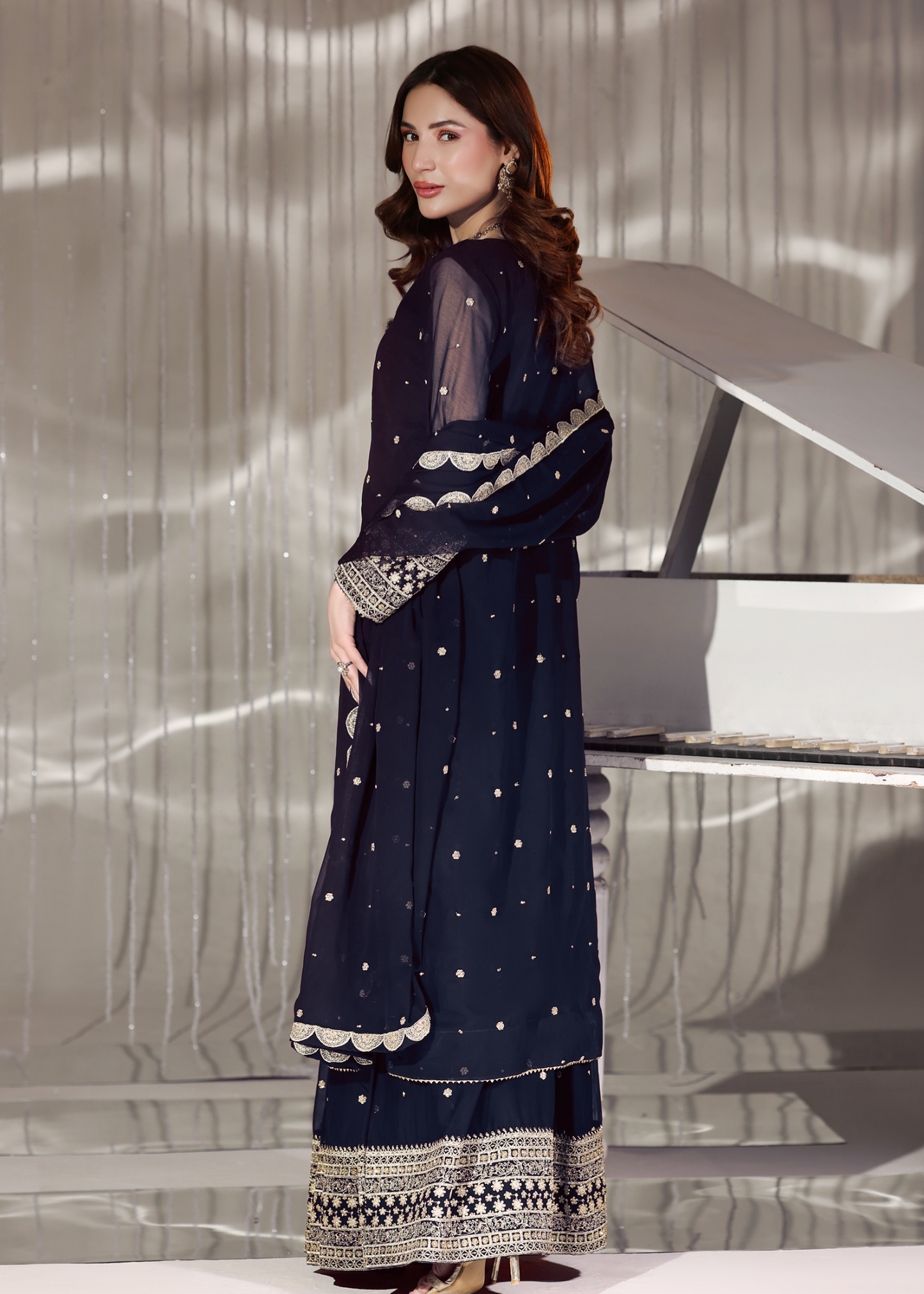 Pakistani Designer Navy Blue Chiffon Lehenga Choli Online in KSA Riyadh Saudi Arabia Oman Bahrain Qatar