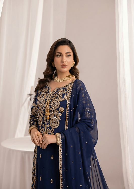 Pakistani Designer Navy Blue Chiffon Salwar Kameez Online in KSA Riyadh Saudi Arabia Oman Bahrain Qatar