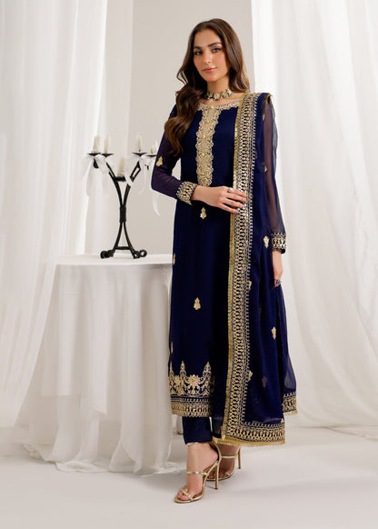 Pakistani Designer Navy Blue Chiffon Salwar Kameez Online in KSA Riyadh Saudi Arabia Oman Bahrain Qatar