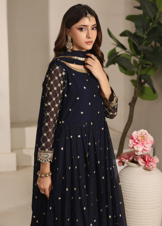 Pakistani Designer Navy Blue Chiffon Salwar Kameez Online in KSA Riyadh Saudi Arabia Oman Bahrain Qatar