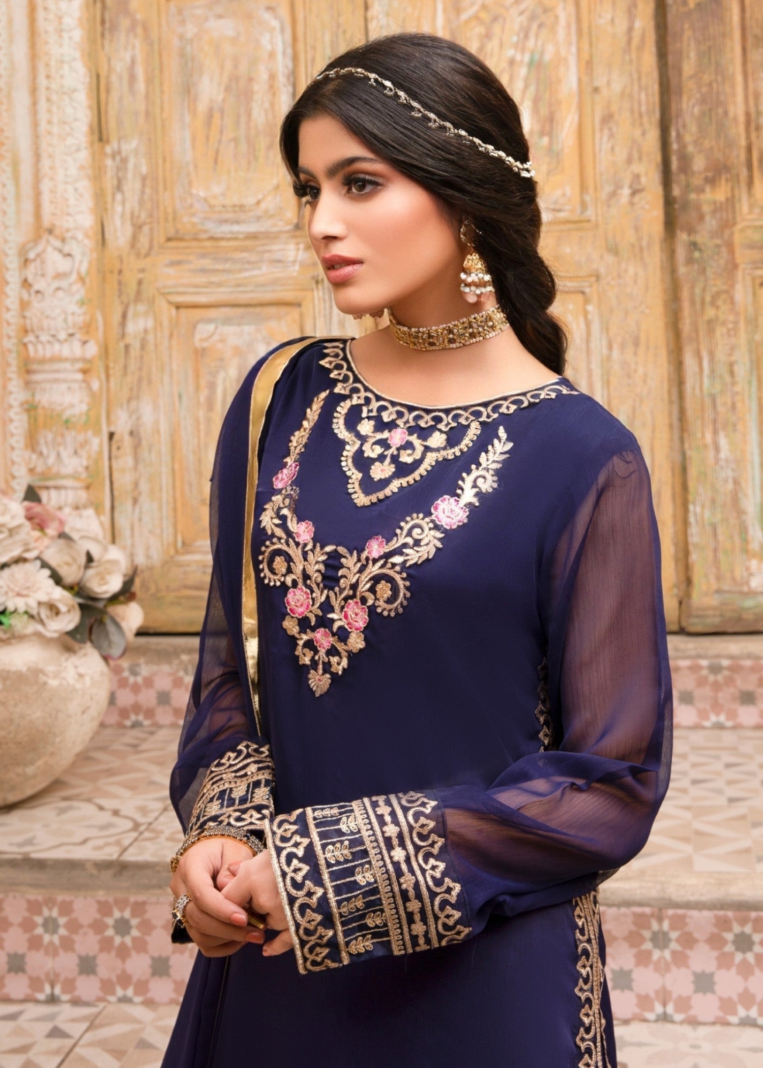 Pakistani Designer Navy Blue Chiffon Salwar Kameez Online in KSA Riyadh Saudi Arabia Oman Bahrain Qatar