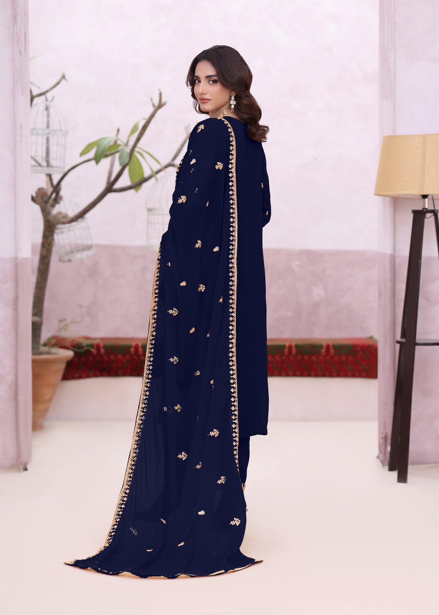 Pakistani Designer Navy Blue Chiffon Salwar Kameez Online in KSA Riyadh Saudi Arabia Oman Bahrain Qatar