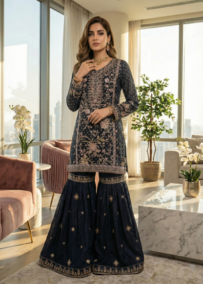 Pakistani Designer Navy Blue Chiffon Salwar Kameez Online in KSA Riyadh Saudi Arabia Oman Bahrain Qatar