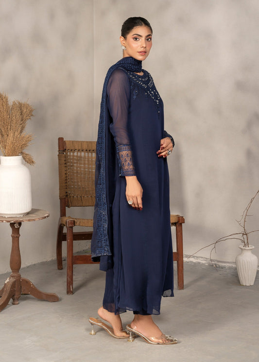 Pakistani Designer Navy Blue Chiffon Salwar Kameez Online in KSA Riyadh Saudi Arabia Oman Bahrain Qatar