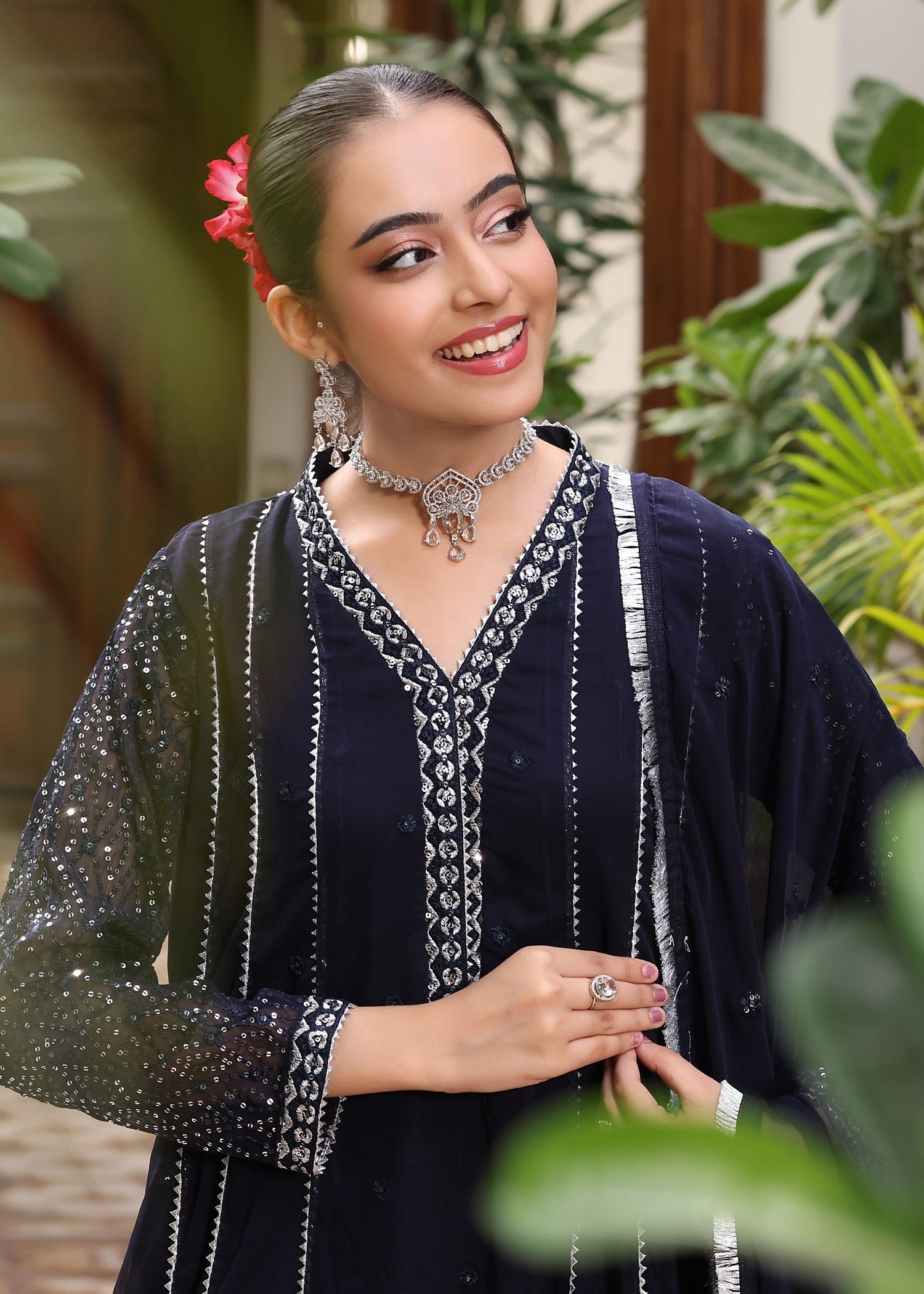 Pakistani Designer Navy Blue Chiffon Salwar Kameez Online in KSA Riyadh Saudi Arabia Oman Bahrain Qatar
