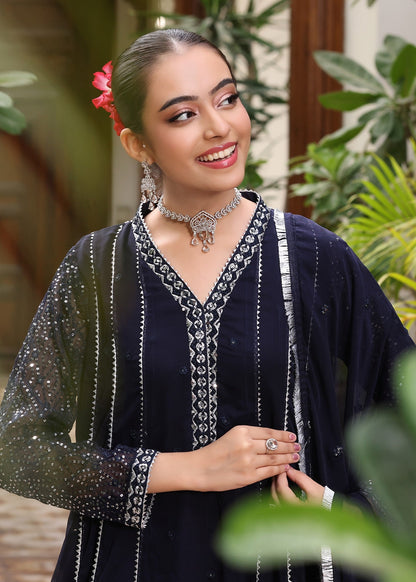 Pakistani Designer Navy Blue Chiffon Salwar Kameez Online in KSA Riyadh Saudi Arabia Oman Bahrain Qatar