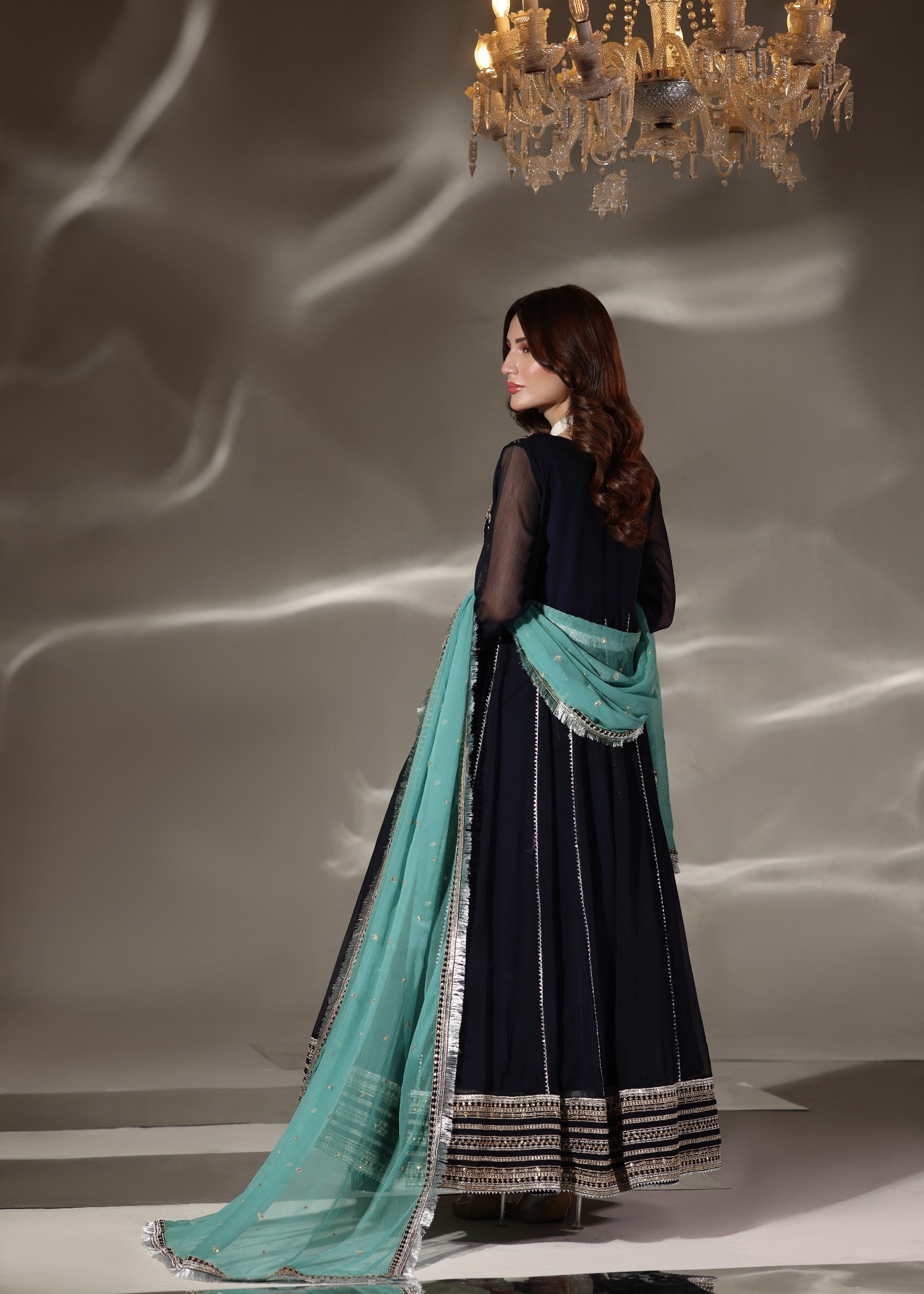 Pakistani Designer Navy Blue Chiffon Salwar Kameez Online in KSA Riyadh Saudi Arabia Oman Bahrain Qatar