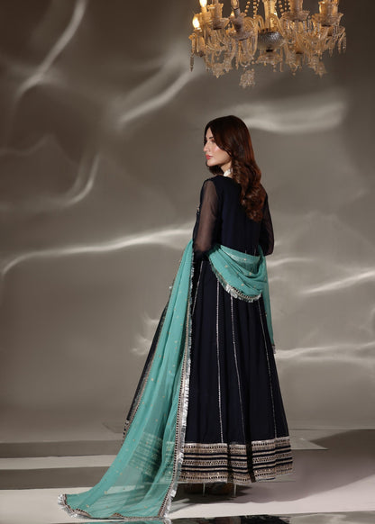 Pakistani Designer Navy Blue Chiffon Salwar Kameez Online in KSA Riyadh Saudi Arabia Oman Bahrain Qatar