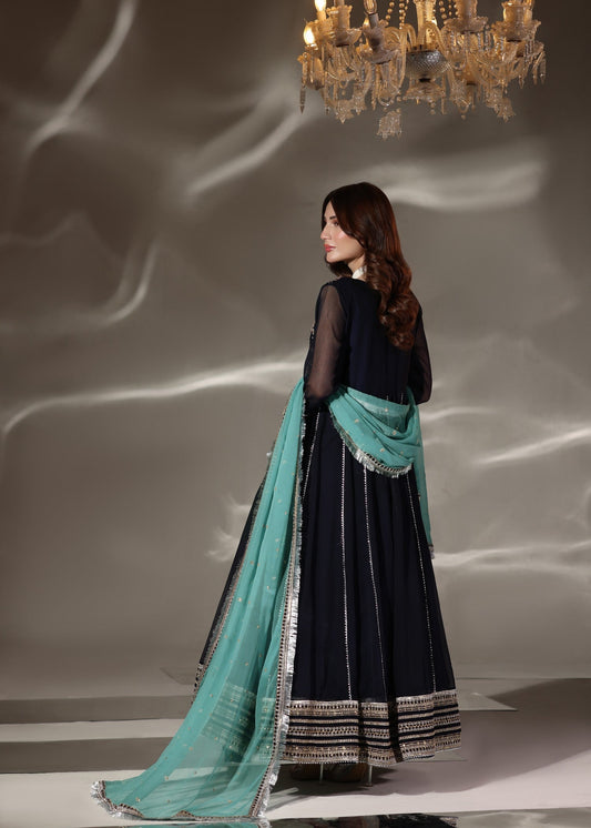 Pakistani Designer Navy Blue Chiffon Salwar Kameez Online in KSA Riyadh Saudi Arabia Oman Bahrain Qatar