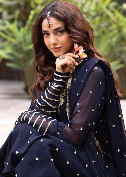 Pakistani Designer Navy Blue Embroidered Chiffon Salwar Kameez Online in KSA Riyadh Saudi Arabia Oman Bahrain Qatar