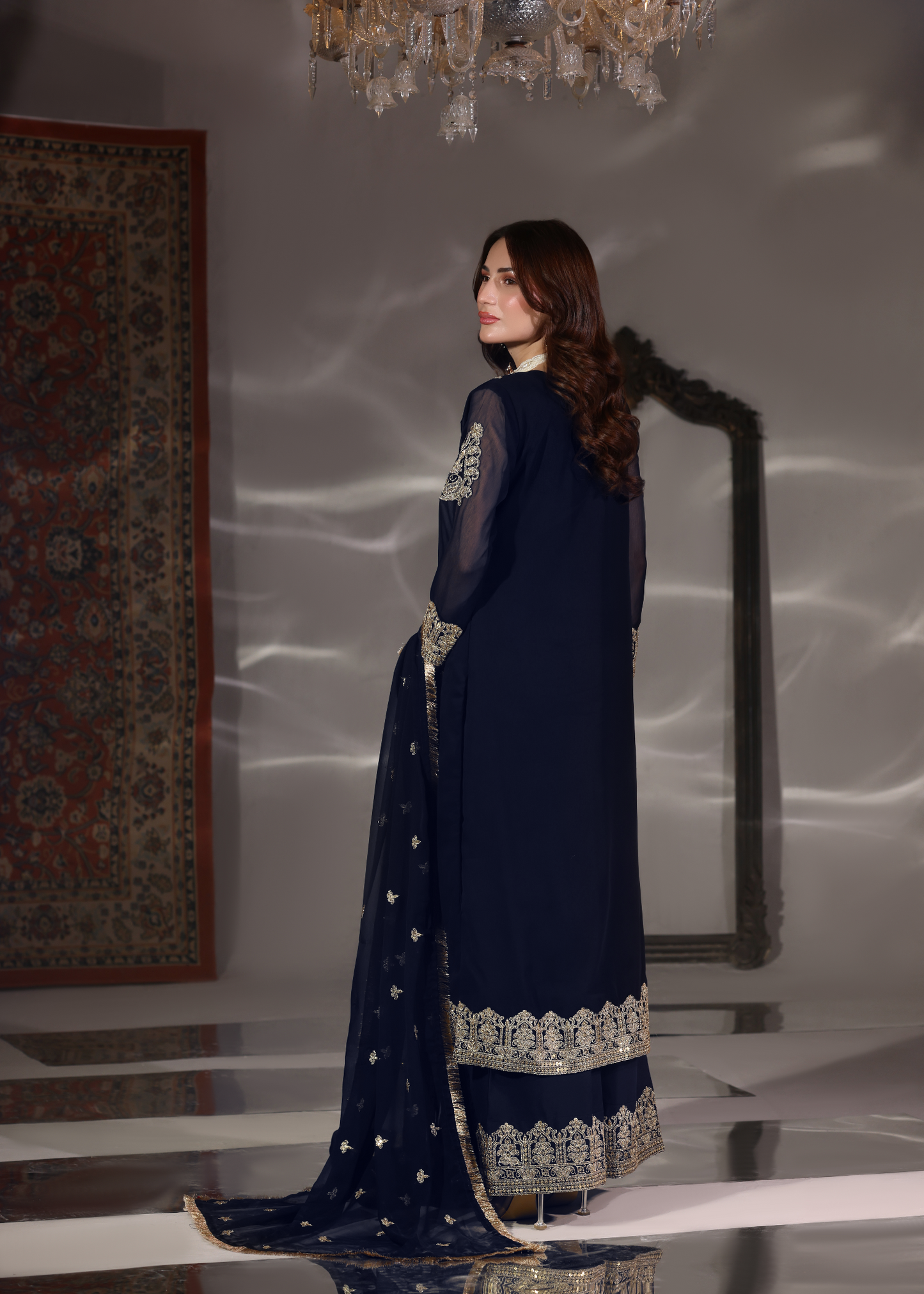 Pakistani Designer Navy Blue Embroidered Chiffon Salwar Kameez Online in KSA Riyadh Saudi Arabia Oman Bahrain Qatar
