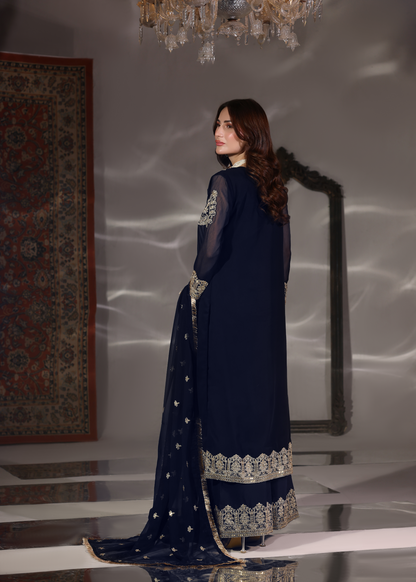 Pakistani Designer Navy Blue Embroidered Chiffon Salwar Kameez Online in KSA Riyadh Saudi Arabia Oman Bahrain Qatar