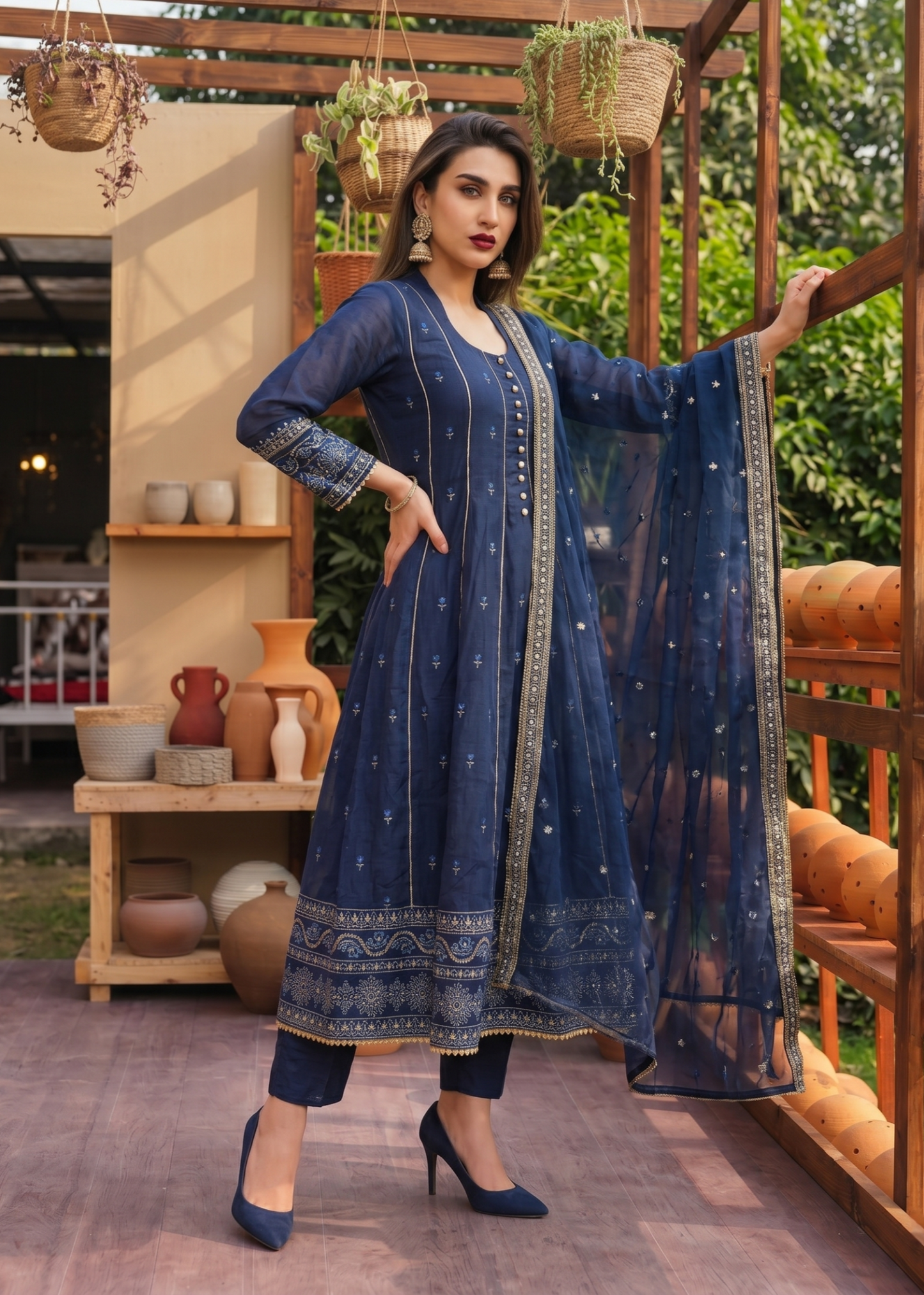 Pakistani Designer Navy Blue Embroidered Lawn Salwar Kameez Online in KSA Riyadh Saudi Arabia Oman Bahrain Qatar