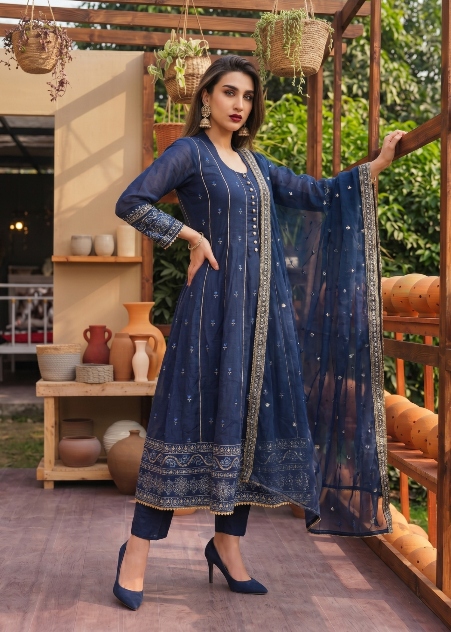Pakistani Designer Navy Blue Embroidered Lawn Salwar Kameez Online in KSA Riyadh Saudi Arabia Oman Bahrain Qatar