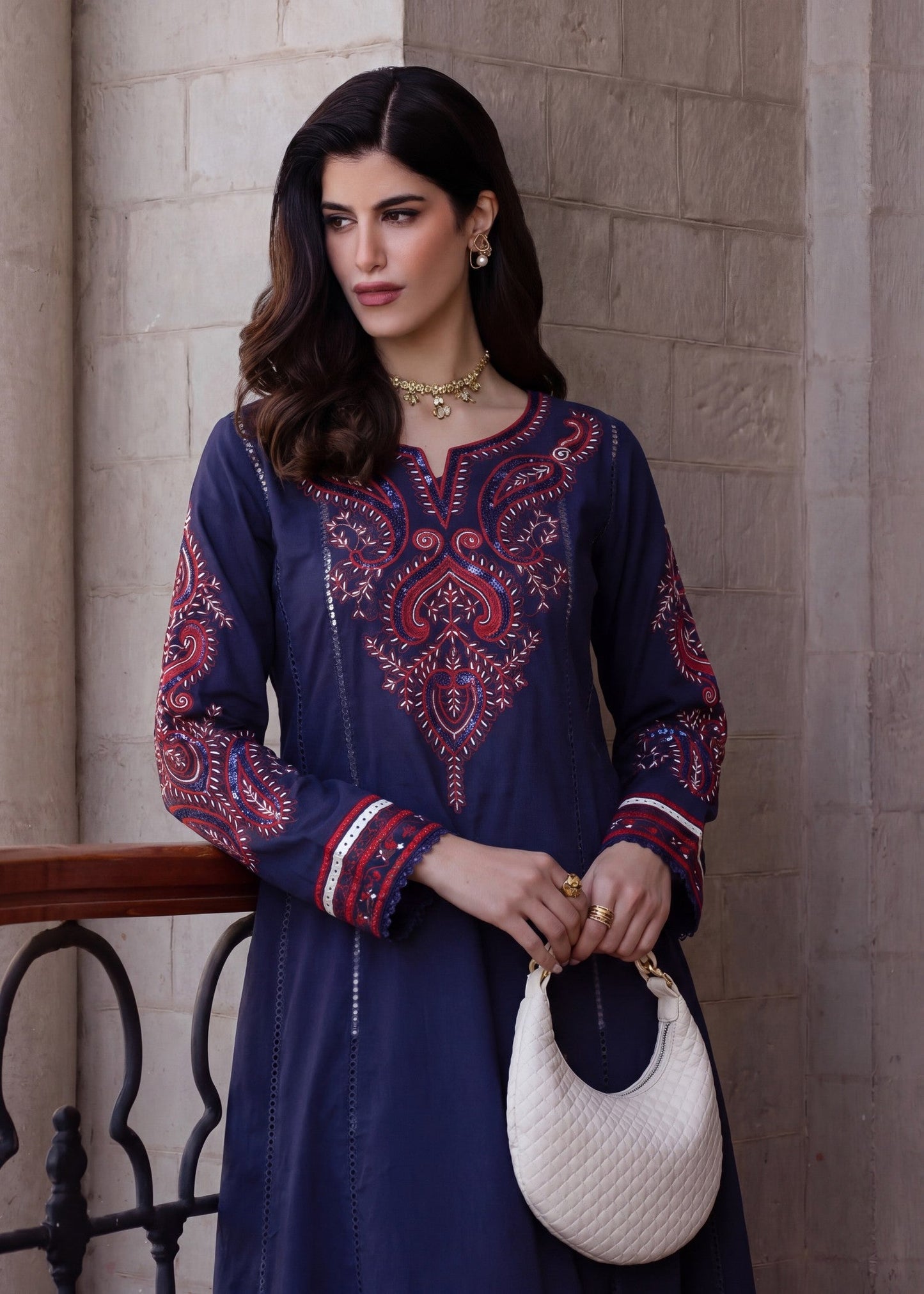 Pakistani Designer Navy Blue Embroidered Lawn Suit Online in KSA Riyadh Saudi Arabia Oman Bahrain Qatar