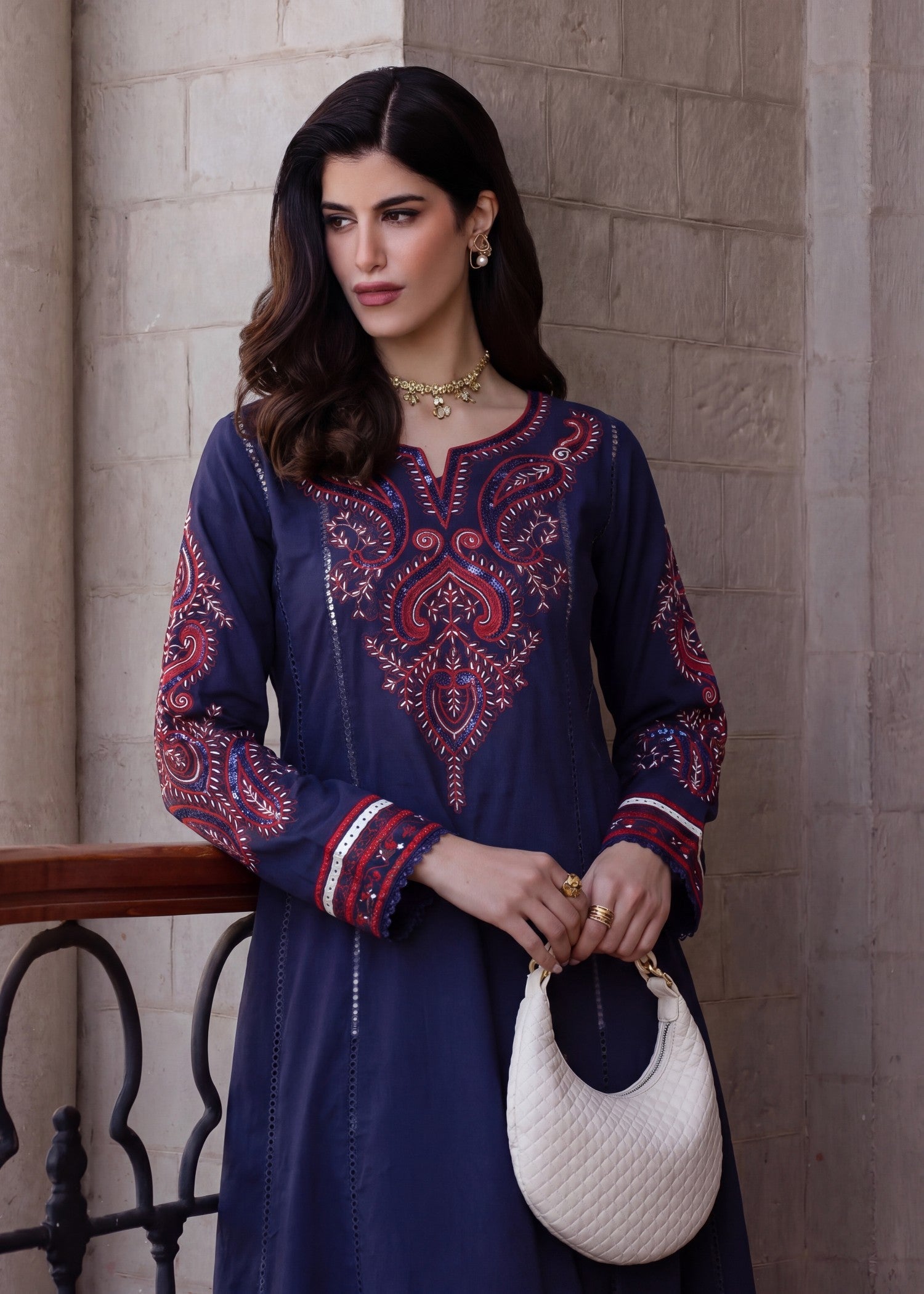 Pakistani Designer Navy Blue Embroidered Lawn Suit Online in KSA Riyadh Saudi Arabia Oman Bahrain Qatar