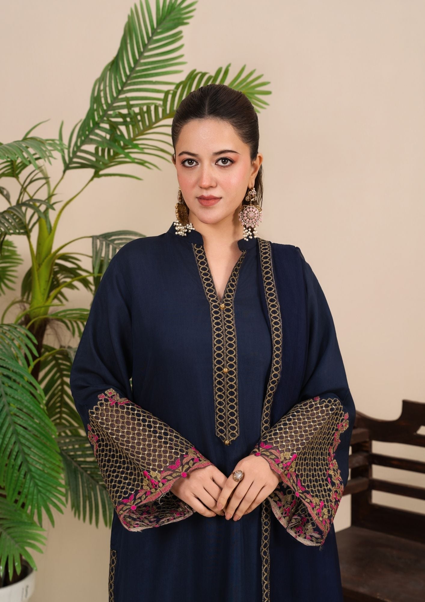 Pakistani Designer Navy Blue Embroidered Silk Viscose Salwar Kameez Online in KSA Riyadh Saudi Arabia Oman Bahrain Qatar