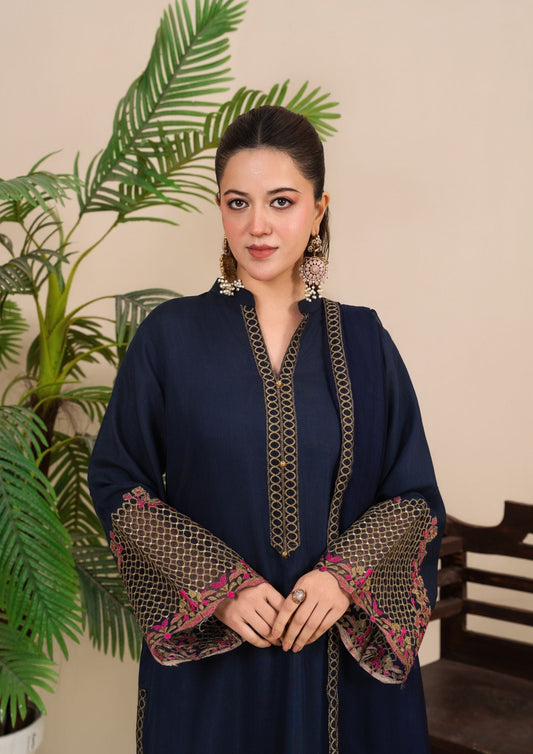 Pakistani Designer Navy Blue Embroidered Silk Viscose Salwar Kameez Online in KSA Riyadh Saudi Arabia Oman Bahrain Qatar