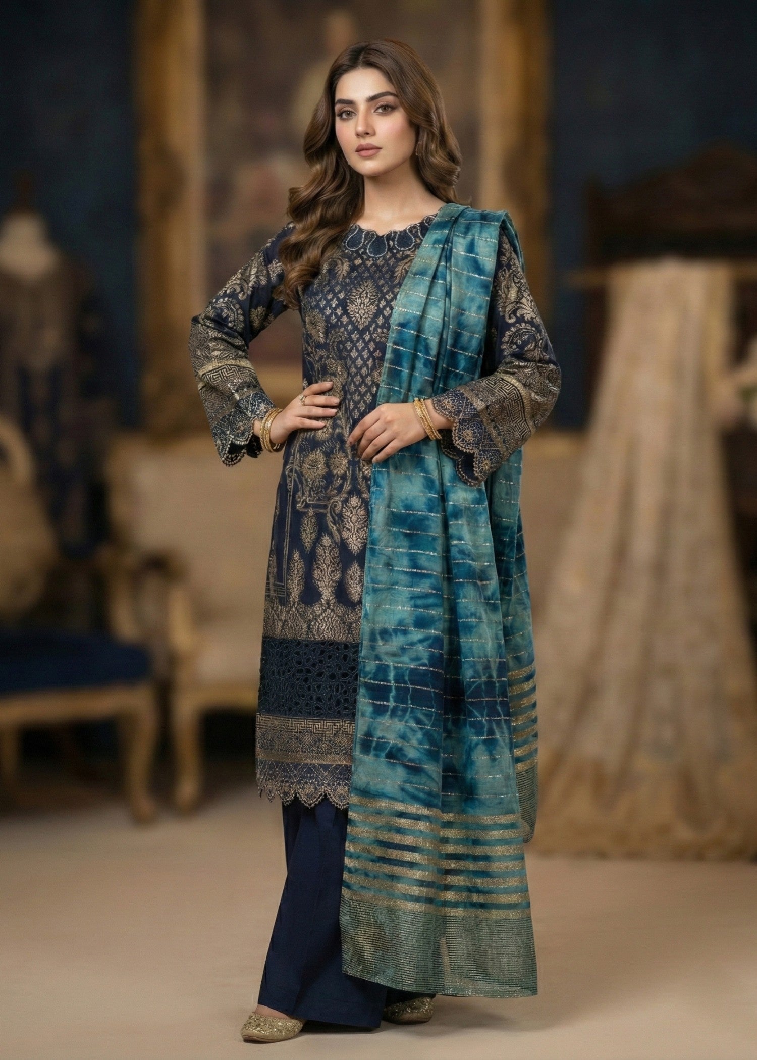 Pakistani Designer Navy Blue Jacquard Salwar Kameez Online in KSA Riyadh Saudi Arabia Oman Bahrain Qatar