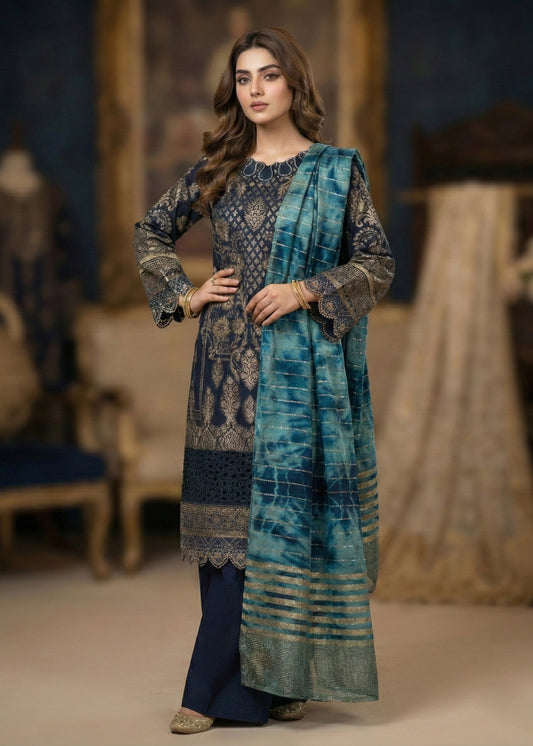 Pakistani Designer Navy Blue Jacquard Salwar Kameez Online in KSA Riyadh Saudi Arabia Oman Bahrain Qatar