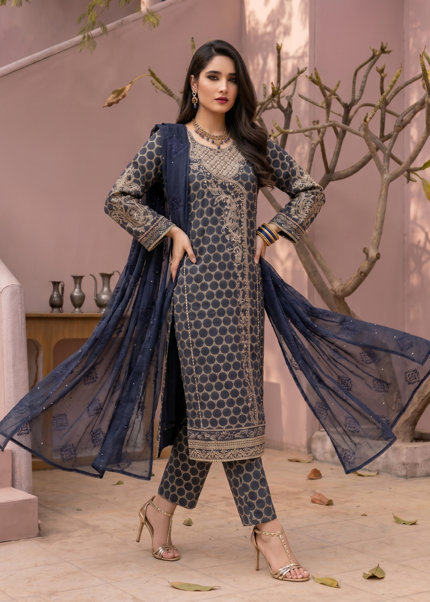 Pakistani Designer Navy Blue Jacquard Suit Online in KSA Riyadh Saudi Arabia Oman Bahrain Qatar