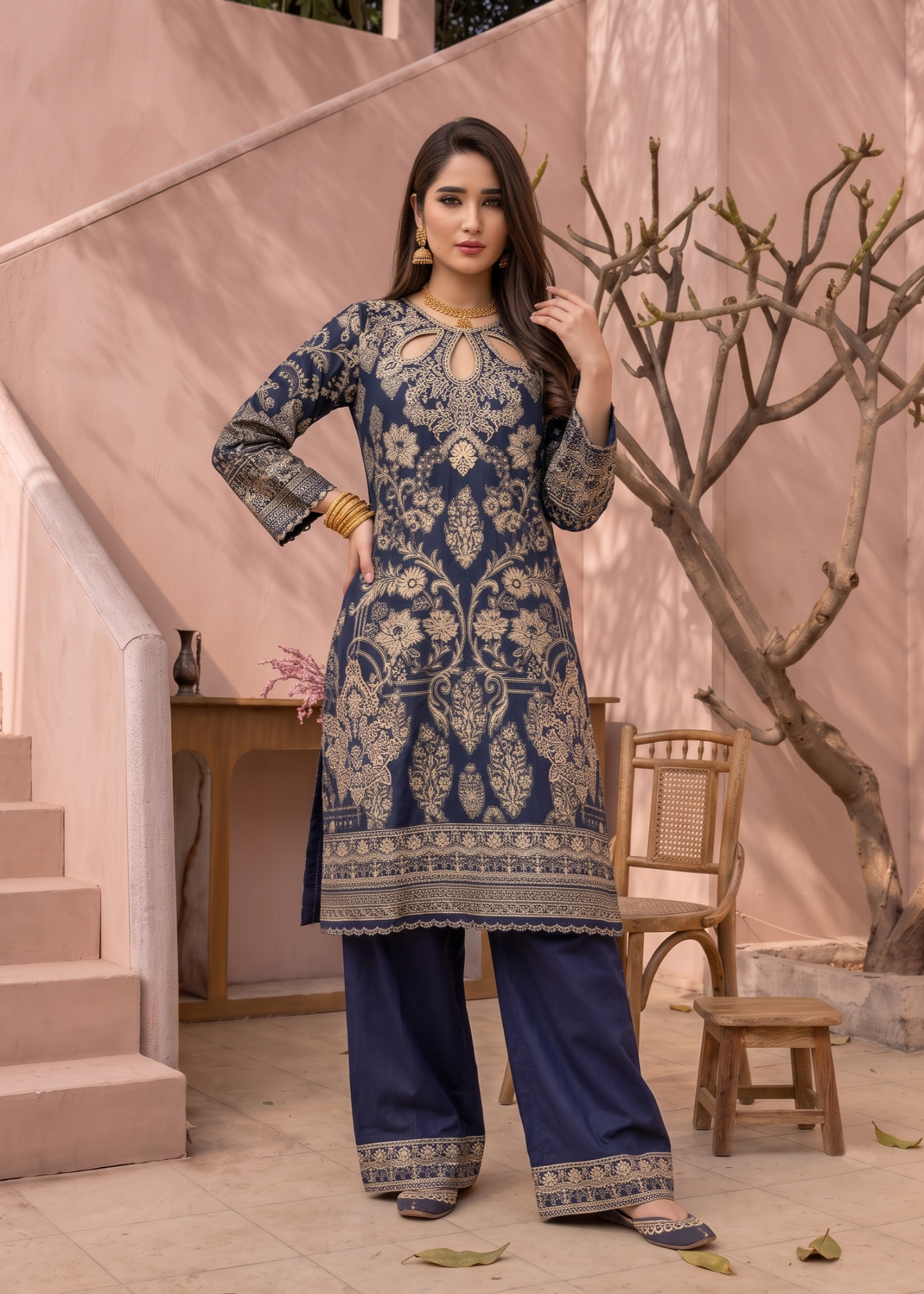 Pakistani Designer Navy Blue Jacquard Suit Online in Sri Lanka India Australia