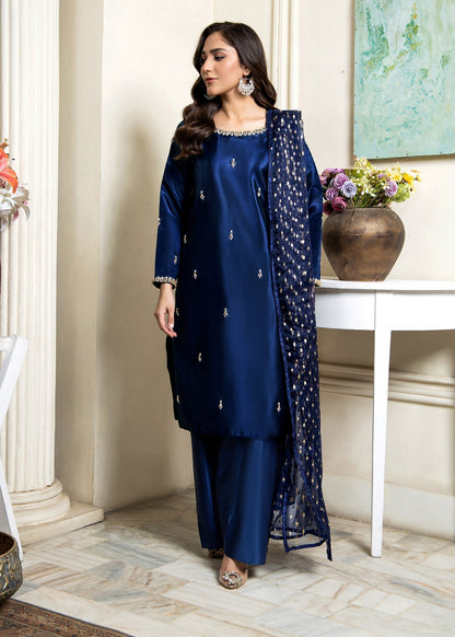 Pakistani Designer Navy Blue Kattan Silk Salwar Kameez Online in KSA Riyadh Saudi Arabia Oman Bahrain Qatar