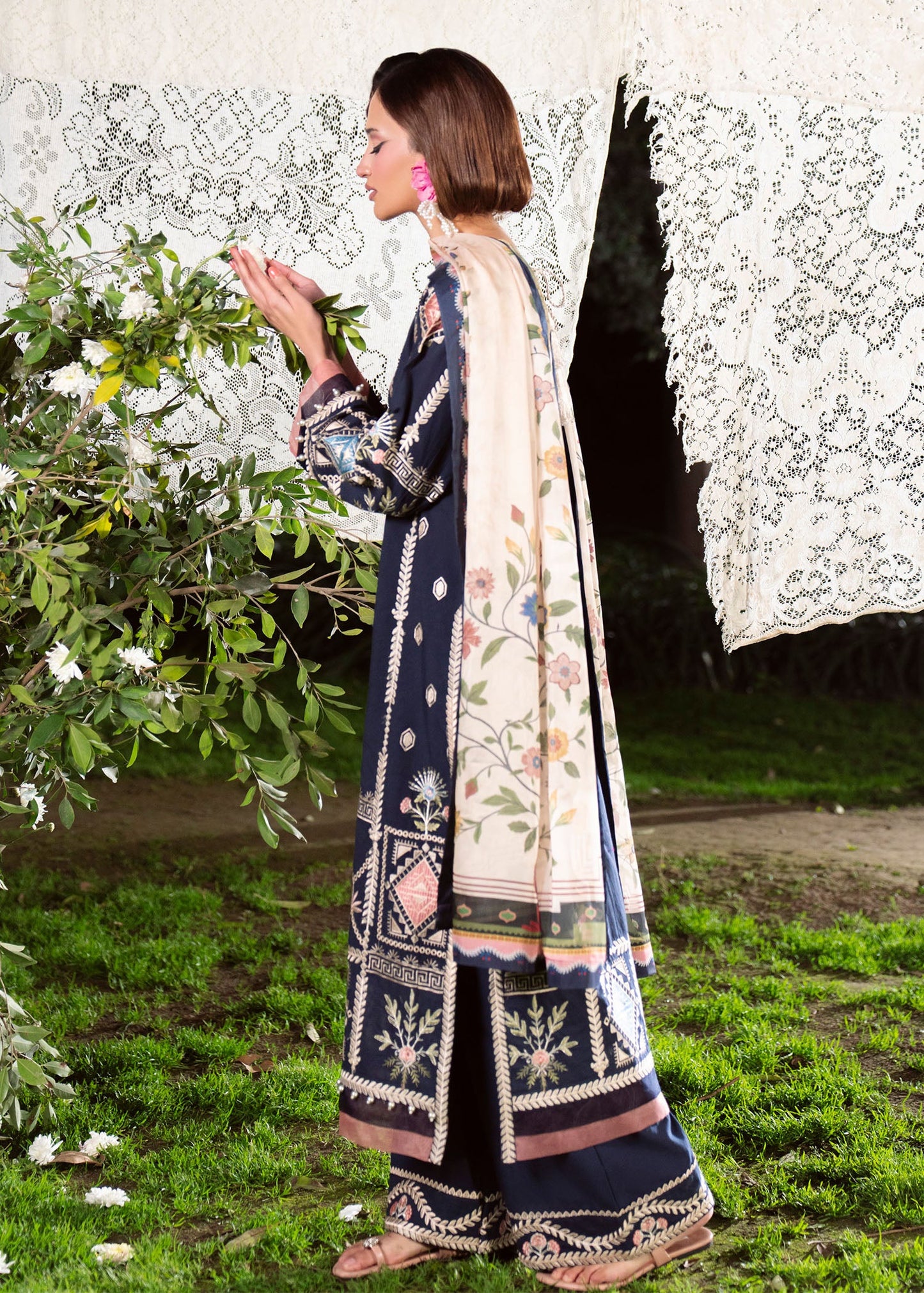 Pakistani Designer Navy Blue Lawn Dress Material Online in Dubai DXB UAE Abudhabi Meena Bazaar