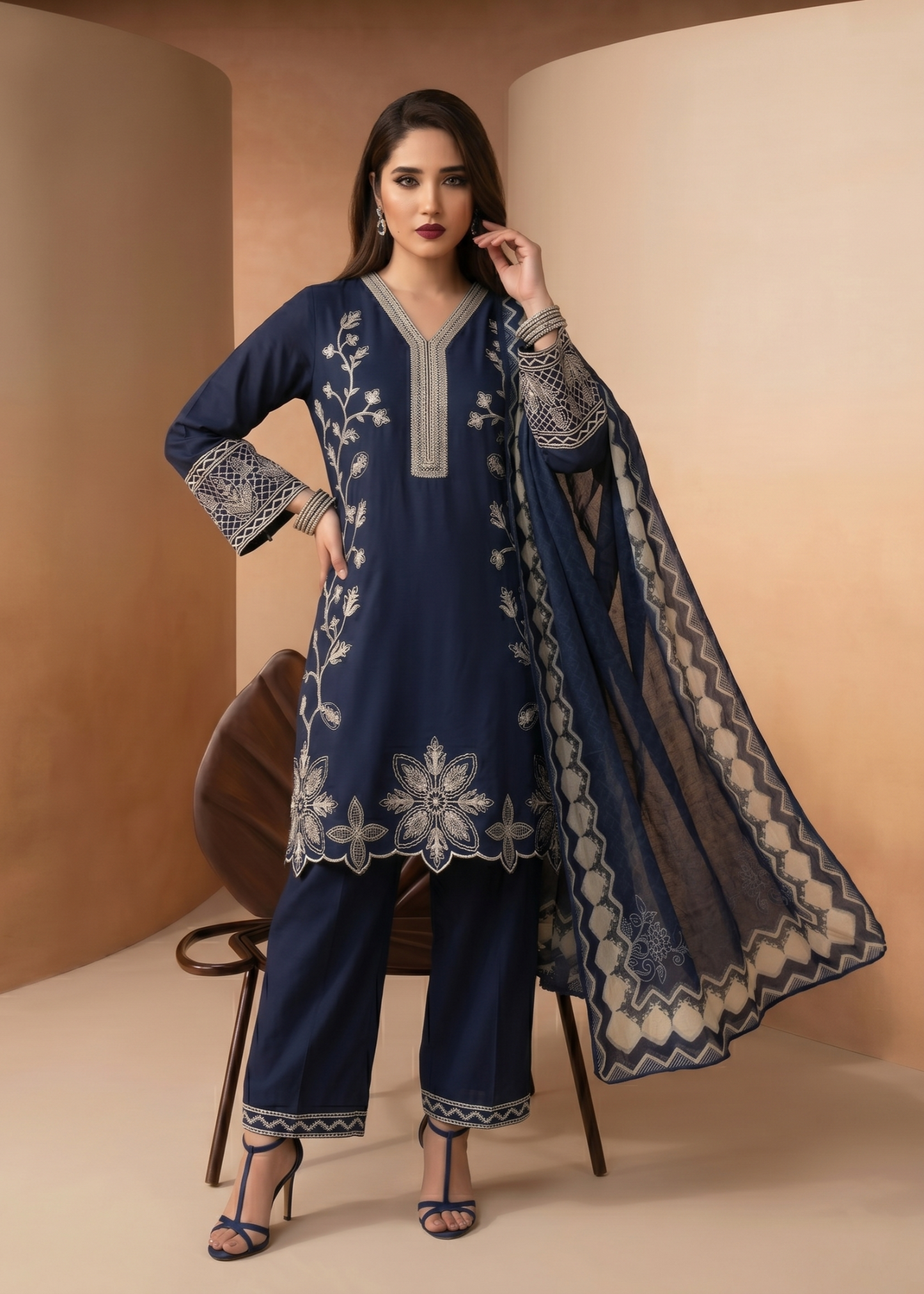 Pakistani Designer Navy Blue Lawn Salwar Kameez Online in KSA Riyadh Saudi Arabia Oman Bahrain Qatar