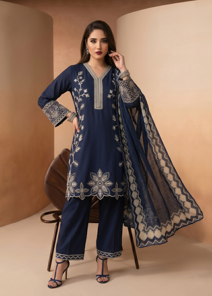 Pakistani Designer Navy Blue Lawn Salwar Kameez Online in KSA Riyadh Saudi Arabia Oman Bahrain Qatar