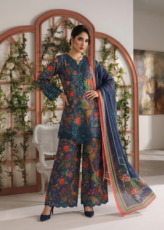 Pakistani Designer Navy Blue Lawn Salwar Suit Online in KSA Riyadh Saudi Arabia Oman Bahrain Qatar